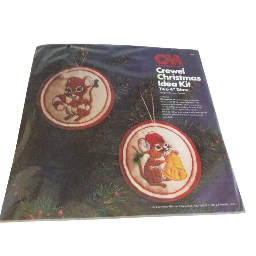 Columbia-Minerva Crewel Christmas Idea Kit #7948 Two Ornaments Christmas Mice‎